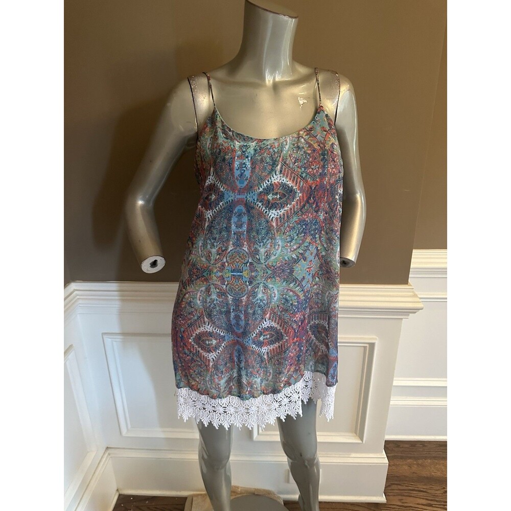 Show Me Your Mumu Abstract Floral Mini Tank Dress Lace Hem Sz M